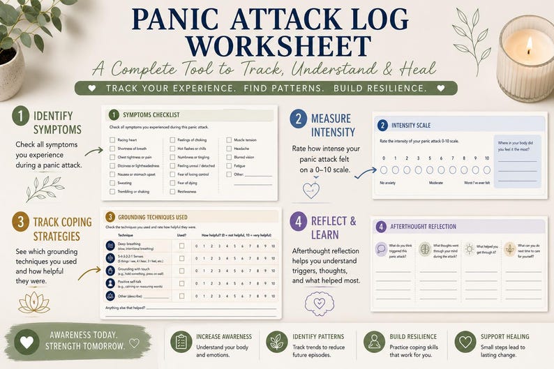 May include: A panic attack log worksheet featuring four distinct sections: a symptoms checklist, an intensity scale from 0 to 10, a grounding techniques tracker, and an afterthought reflection area, all printed on a white background with dark text.