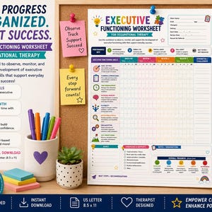 May include: An executive functioning worksheet for occupational therapy featuring a grid for tracking skills, goal setting, and progress. The document includes colorful icons, text fields for client information, and a performance key on a cork board.