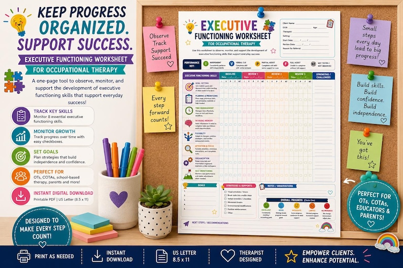 May include: An executive functioning worksheet for occupational therapy featuring a grid for tracking skills, goal setting, and progress. The document includes colorful icons, text fields for client information, and a performance key on a cork board.