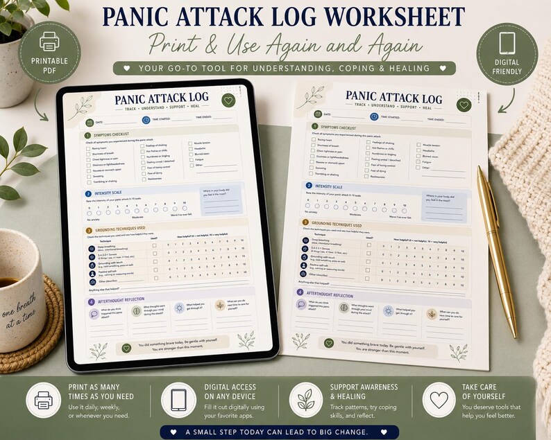 May include: A Panic Attack Log worksheet displayed on a tablet screen and as a printed paper document. The form includes sections for a symptoms checklist, an intensity scale, grounding techniques, and an after-thought reflection area.