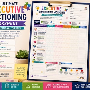 May include: An Executive Functioning Worksheet for occupational therapy on a clipboard. The document features sections for tracking eight key skills, goal setting, and progress monitoring. It includes colorful icons, a performance key, and text.