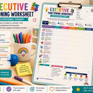 May include: An executive functioning worksheet for occupational therapy on a clipboard, featuring a grid for tracking skills, goal setting, and progress. The document includes colorful icons, text headers, and sections for notes, observations, and recommendations for support.