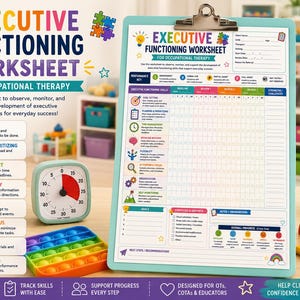 May include: An executive functioning worksheet for occupational therapy on a light blue clipboard, featuring a performance key, skill tracking grid, and goal section. Includes a square analog timer, a colorful silicone fidget toy, and a mug.