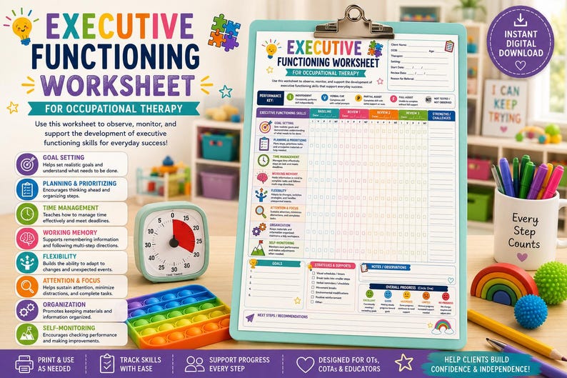 May include: An executive functioning worksheet for occupational therapy on a light blue clipboard, featuring a performance key, skill tracking grid, and goal section. Includes a square analog timer, a colorful silicone fidget toy, and a mug.