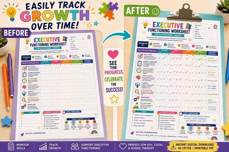 May include: An executive functioning worksheet for occupational therapy, shown in a before and after format. The document features colorful icons, a performance key, and sections for tracking goals, strategies, and progress. The text includes "Executive Functioning Worksheet for Occupational Therapy" and "Easily Track Growth Over Time!" with various checkmarks and notes.