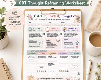 CBT Thought Reframing Worksheet, Cognitive Restructuring Tool (Digital Download)