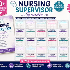 May include: A Nursing Supervisor Bundle featuring over 20 professional templates for nurse leaders. The set includes a spiral-bound notebook, a stethoscope, and various printable forms for daily operations, staffing, compliance, and performance evaluations.