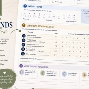 May include: A printed mental health tracking sheet titled Find What Grounds You Best. The document includes an intensity scale from 0 to 10, a section for grounding techniques used with rating scales, and an afterthought reflection area with prompts.