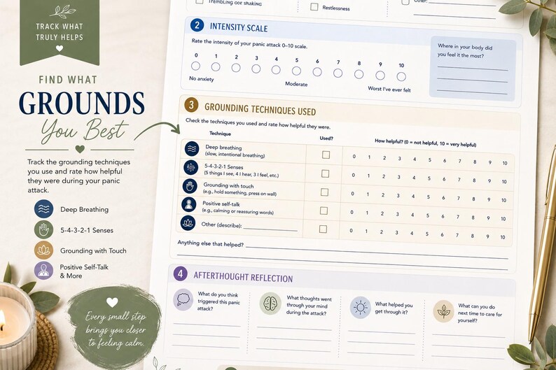 May include: A printed mental health tracking sheet titled Find What Grounds You Best. The document includes an intensity scale from 0 to 10, a section for grounding techniques used with rating scales, and an afterthought reflection area with prompts.
