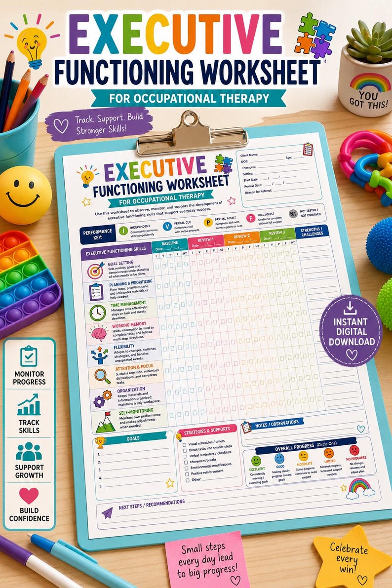 Executive Functioning Worksheet for Occupational Therapy | Progress Monitoring Form (Digital Download) image 1