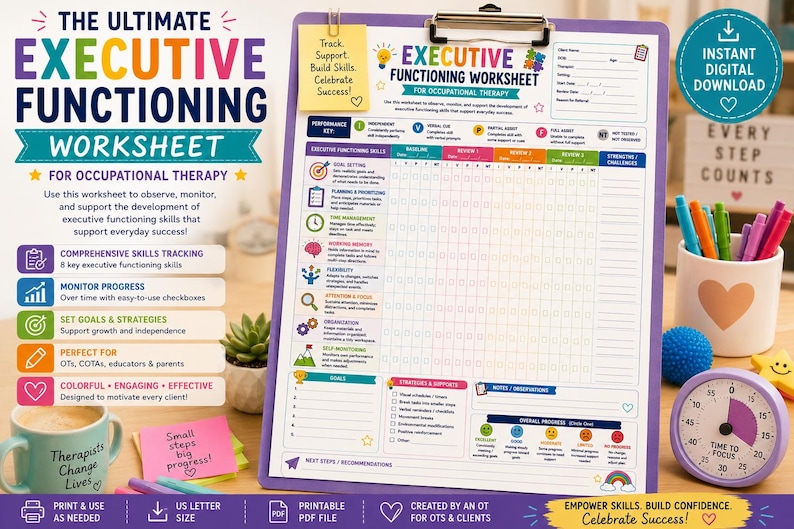 May include: A colorful executive functioning worksheet for occupational therapy on a purple clipboard. The document features sections for goal setting, planning, time management, and progress tracking with icons, checkboxes, and a performance key.