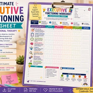 May include: A purple clipboard holding an Executive Functioning Worksheet for occupational therapy. The document features a performance key, skills tracking grid, goal section, and strategies list. It is surrounded by a mug, pens, and a timer.
