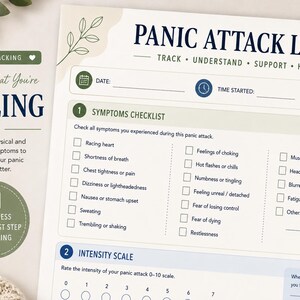 May include: A printed panic attack log sheet featuring a symptoms checklist with checkboxes for racing heart, shortness of breath, chest pain, dizziness, nausea, sweating, trembling, choking, hot flashes, numbness, detachment, and fear.