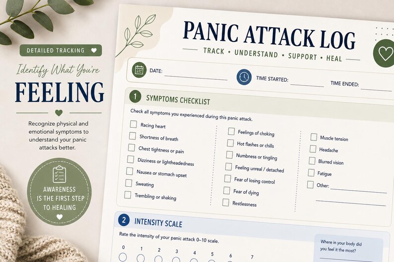 May include: A printed panic attack log sheet featuring a symptoms checklist with checkboxes for racing heart, shortness of breath, chest pain, dizziness, nausea, sweating, trembling, choking, hot flashes, numbness, detachment, and fear.