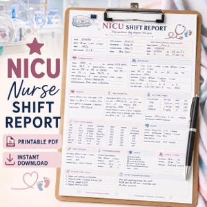 Puede incluir: Un formulario de informe de turno de UCIN en un portapapeles con un bolígrafo negro. El documento incluye secciones para el estado del paciente, respiratorio, cardíaco, nutrición, líquidos IV, neuro, piel y seguridad, con el texto NICU SHIFT REPORT.