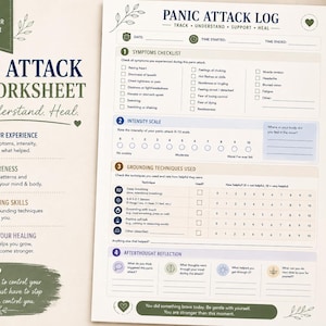 May include: A Panic Attack Log worksheet featuring sections for symptoms, intensity scale, grounding techniques, and afterthoughts. The document includes text headers, checkboxes, and rating scales in a clean layout with olive green and blue accents.
