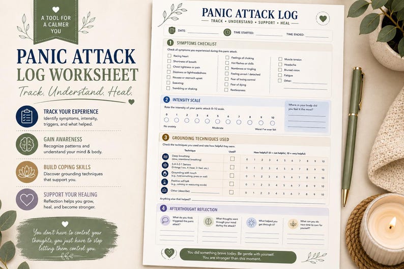 May include: A Panic Attack Log worksheet featuring sections for symptoms, intensity scale, grounding techniques, and afterthoughts. The document includes text headers, checkboxes, and rating scales in a clean layout with olive green and blue accents.