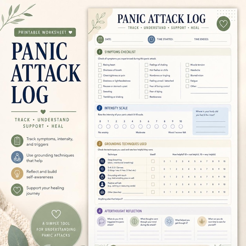 May include: A printable panic attack log worksheet featuring sections for symptoms checklist, intensity scale, grounding techniques, and afterthought reflection. The document uses a color palette of dark blue, sage green, and beige with text.