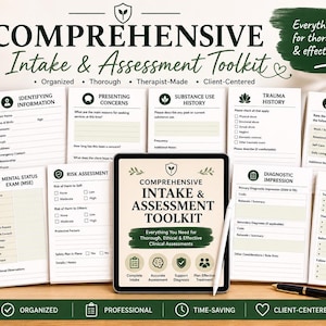 May include: A comprehensive intake and assessment toolkit with over 15 pages of essential forms. The image shows a tablet with the toolkit title, surrounded by printed forms and a pen. The toolkit is designed to be organised, thorough, therapist-made, and client-centred.