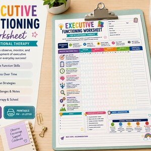 May include: An Executive Functioning Worksheet for occupational therapy on a clipboard. The document features a performance key, skill tracking grid, goal section, and notes area. It includes colorful icons, text, and a progress scale with faces.