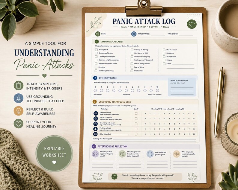 May include: A printable panic attack log worksheet on a clipboard. The document features sections for a symptoms checklist, an intensity scale from 0 to 10, grounding techniques, and an afterthought reflection area with text in dark blue and green.