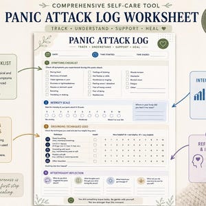May include: A printable panic attack log worksheet on US letter size paper. The document includes sections for a symptoms checklist, an intensity scale from 0 to 10, grounding techniques used, and an afterthought reflection area with prompts.