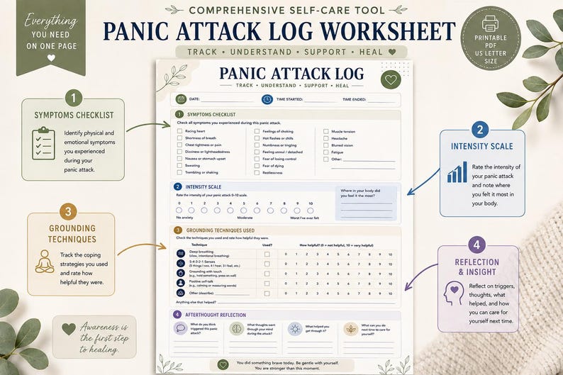 May include: A printable panic attack log worksheet on US letter size paper. The document includes sections for a symptoms checklist, an intensity scale from 0 to 10, grounding techniques used, and an afterthought reflection area with prompts.