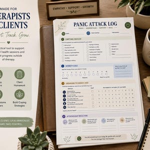 May include: A printed panic attack log sheet featuring sections for symptoms, intensity scale, grounding techniques, and reflection. The document includes text such as Panic Attack Log, Track, Understand, Support, Heal, and various checkboxes for tracking mental health progress.