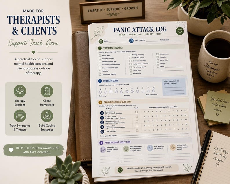 May include: A printed panic attack log sheet featuring sections for symptoms, intensity scale, grounding techniques, and reflection. The document includes text such as Panic Attack Log, Track, Understand, Support, Heal, and various checkboxes for tracking mental health progress.