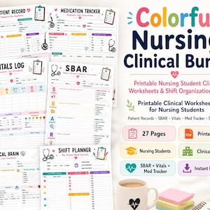 Può includere: Un colorato pacchetto clinico infermieristico con fogli di lavoro stampabili e pagine di organizzazione dei turni. Include cartelle cliniche, SBAR, segni vitali, monitoraggio dei farmaci e pianificatore dei turni.