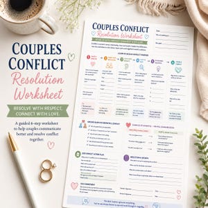 May include: A Couples Conflict Resolution Worksheet printed on white paper, featuring a 6-step guide, ground rules, and action plan sections. The document includes dark blue and pink text, colorful icons, and blank lines for writing, presented with a pen and rings.