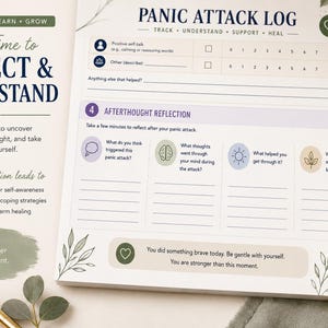 May include: A white paper panic attack log with dark blue text titled PANIC ATTACK LOG, featuring sections for tracking self-talk, afterthoughts, and reflection questions. The layout includes soft green and purple accents, botanical illustrations, and encouraging phrases like You are stronger than this moment.