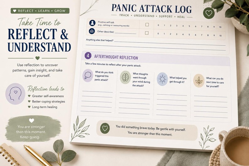 May include: A white paper panic attack log with dark blue text titled PANIC ATTACK LOG, featuring sections for tracking self-talk, afterthoughts, and reflection questions. The layout includes soft green and purple accents, botanical illustrations, and encouraging phrases like You are stronger than this moment.