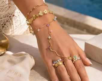 Women's Gold Flower Hand Bracelet, Boho Chic Hand Chain, Gold Jewelry with Natural Stones, Floral Ring Bracelet, Elegant Gift for Women