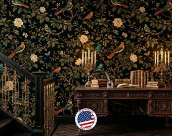 Chinoiserie Bird Floral Wallpaper, Dark Moody Botanical Mural, Victorian Peel Stick Home Decor