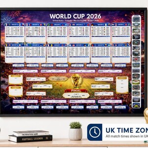 May include: A framed poster detailing the World Cup 2026 schedule. The poster displays team groups and match information. The text "WORLD CUP 2026" is at the top. A golden trophy is in the center, with the word "FINAL" below it. The time zone is UK time.