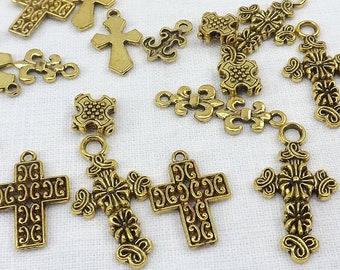 Cross charms mix, 25 pieces gold color crosses, cross pendant mix, religious charms, religious pendant, cross jewelry making supply