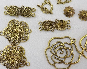 Assorted flower links and pendants, 10 piece mixed lot jewelry findings rose pendants and flower links jewelry finding kit