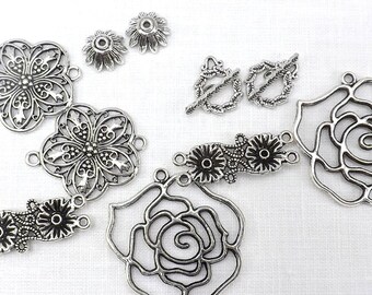 Assorted flower links and pendants, 10 piece mixed lot jewelry findings rose pendants and flower links jewelry finding kit