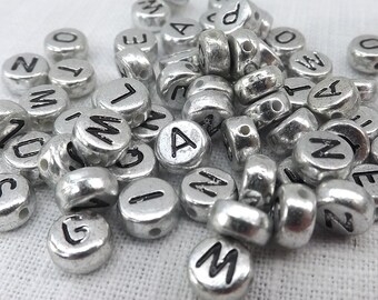 Alphabet Beads Silver Flat Round Black letters 200 pieces 7x4mm Side Drill Craft Supply letter beads