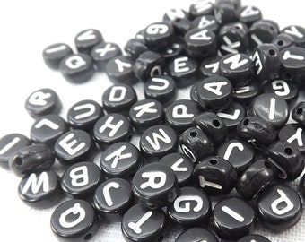 Alphabet Beads Black White Letters Flat Round 200 pieces 7x4mm Side Drill Craft Supply letter beads