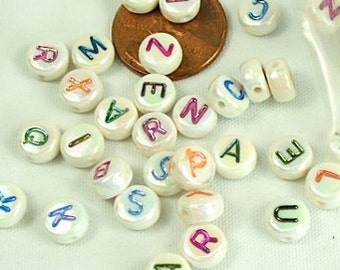 Letter Beads Rainbow Alphabet Flat Round 200 pieces 7x4mm Side Drill Craft Supply letter beads