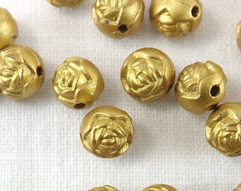 Rose beads, gold color, 8mm round beads, 100 pieces plastic carved rose beads, flower beads floral jewelry making supply
