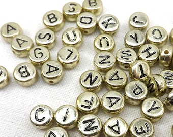 Letter Beads pale gold Flat Round Black letters 200 pieces 7x4mm Side Drill Craft Supply alphabet beads