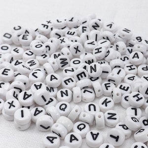 200 White Acrylic Alphabet Beads: 7x4mm Flat Round Letter Beads
