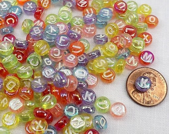 Alphabet Beads Rainbow Translucent  Flat Round 200 pieces 7x4mm Side Drill Craft Supply letter beads