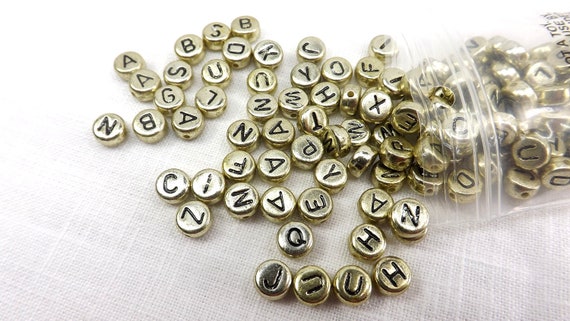 Gold Alphabet Bead With Letter Imprint Metallic Letter Beads Round