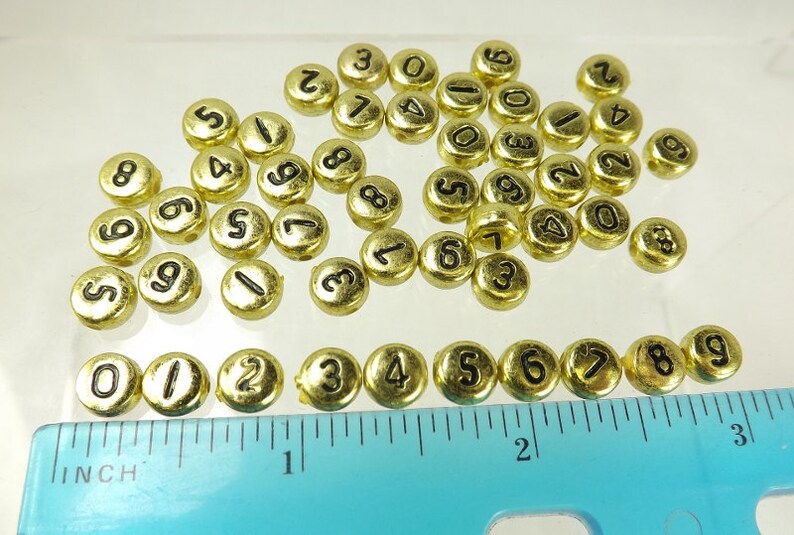 Number Beads Gold Flat Round Black Numbers 50 pieces 7x4mm Side Drill jewelry supply spacer bead
