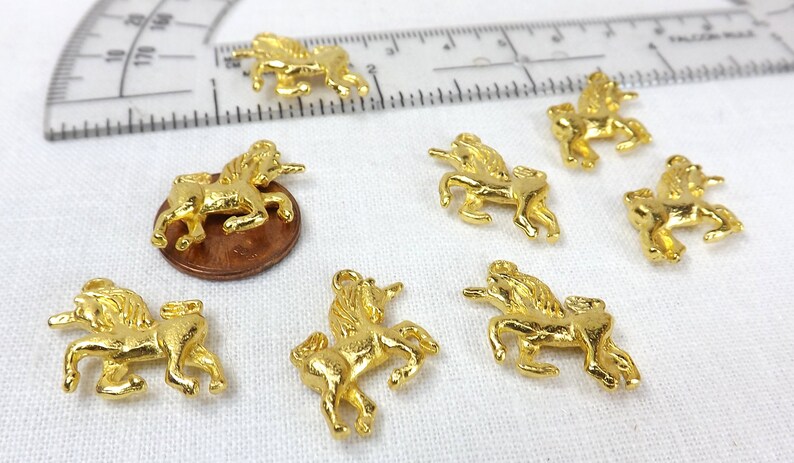 Unicorn charm 8 pieces mythical creature two sided jewelry supply gold plate metal fairy tale animal charm