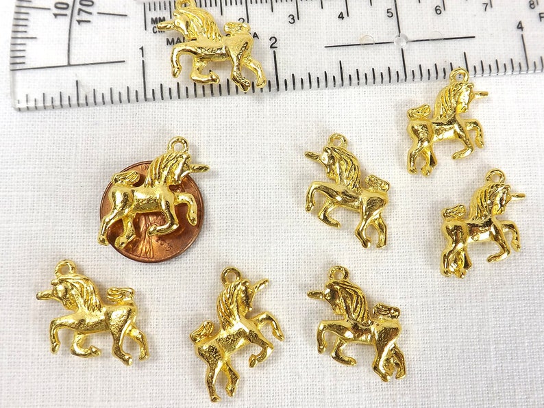 Unicorn charm 8 pieces mythical creature two sided jewelry supply gold plate metal fairy tale animal charm